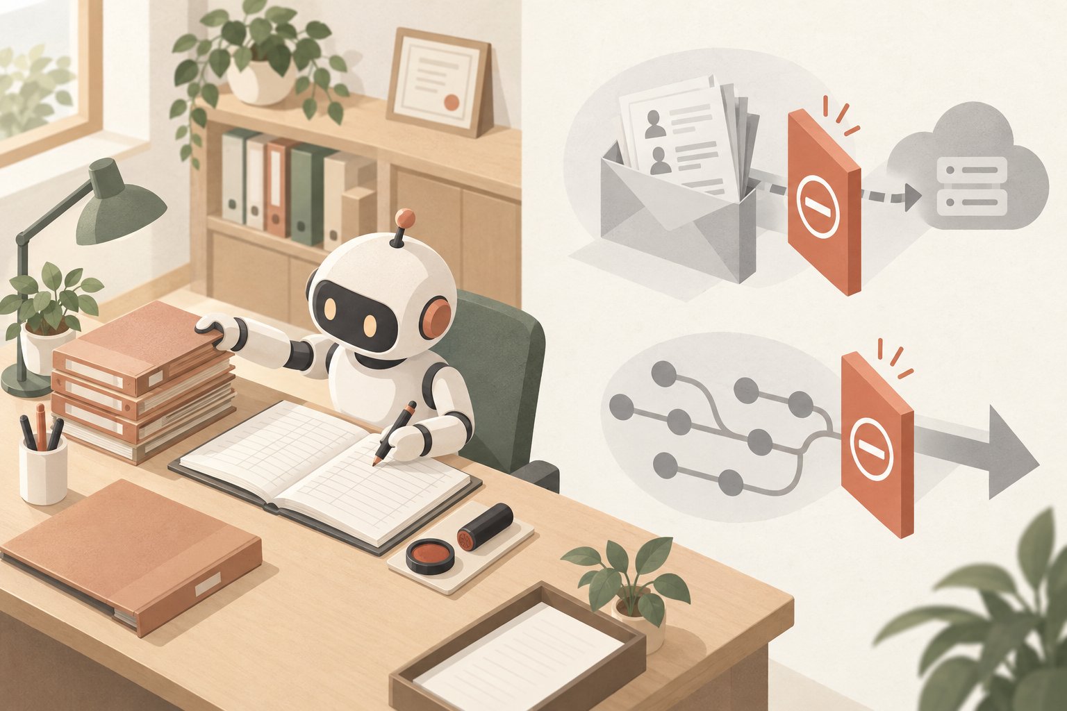 行政書士事務所の机で台帳を整理するClaude Code auto modeのロボット。顧客名簿を外部クラウドへ送る封筒と、履歴を上書きする矢印の2つが遮断バーで止められている