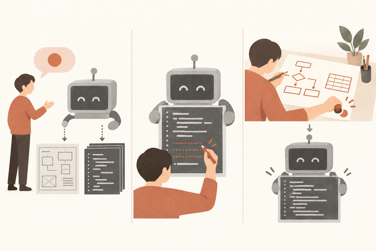 Claude Codeの学習モード（Learning出力スタイル）とvibe-wiseで、人とAIが分担する範囲の違いを示した図。Learningはコードの一部を人が書き、vibe-wiseは設計判断を人が下しコードはAIが書く