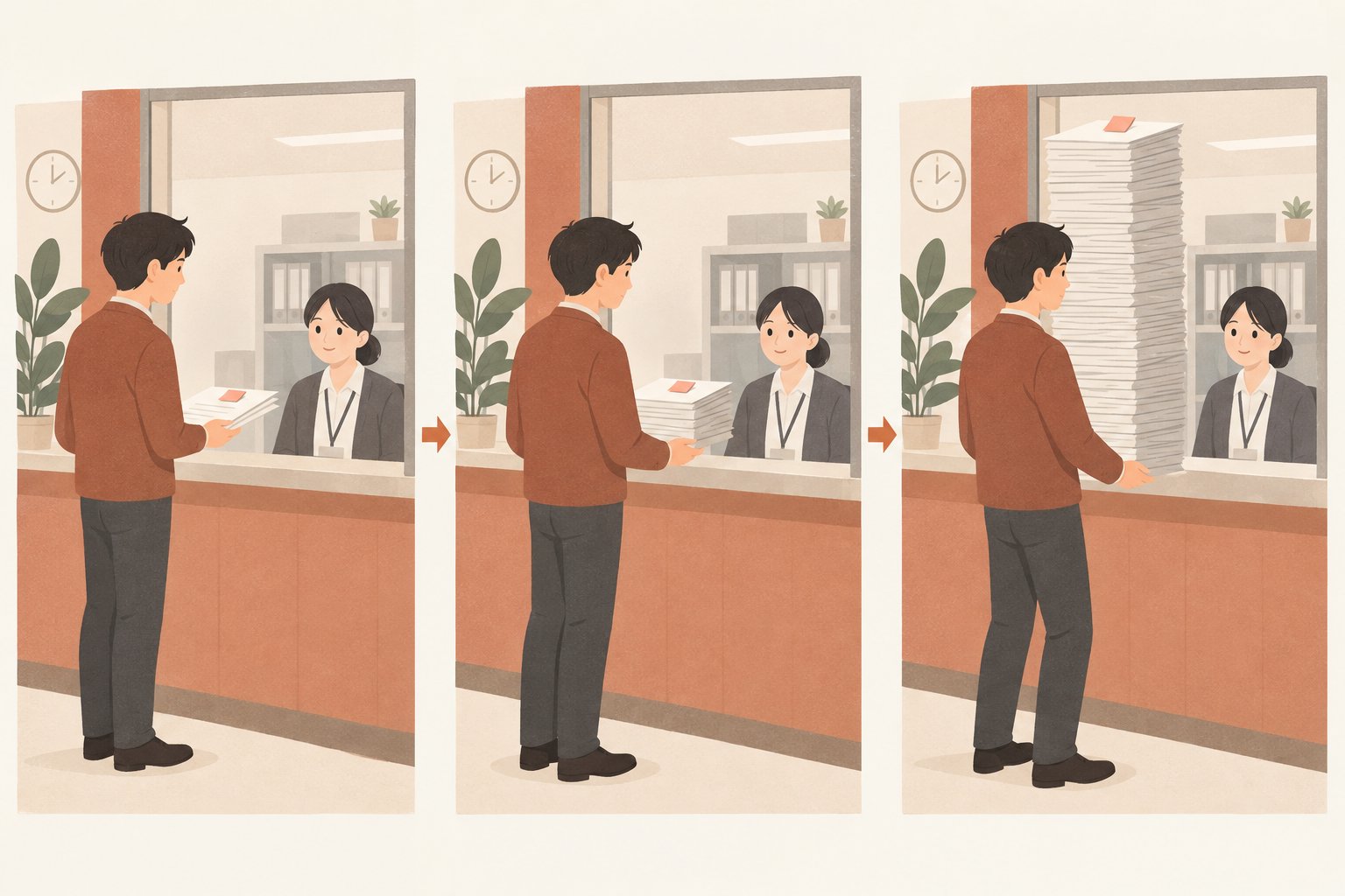 Claude Codeの上限が減る仕組みの図。同じ小さな付箋の質問を窓口に持っていくたびに、抱えている書類の山（会話全体）が3段階で高くなっていく